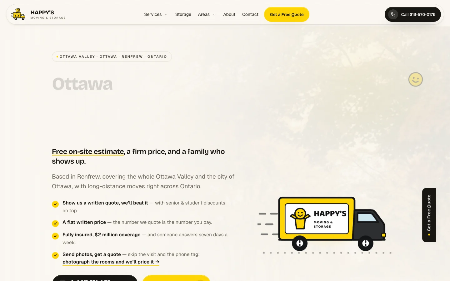 Screenshot of the Happy's Moving & Storage website, built by Shinobi Media