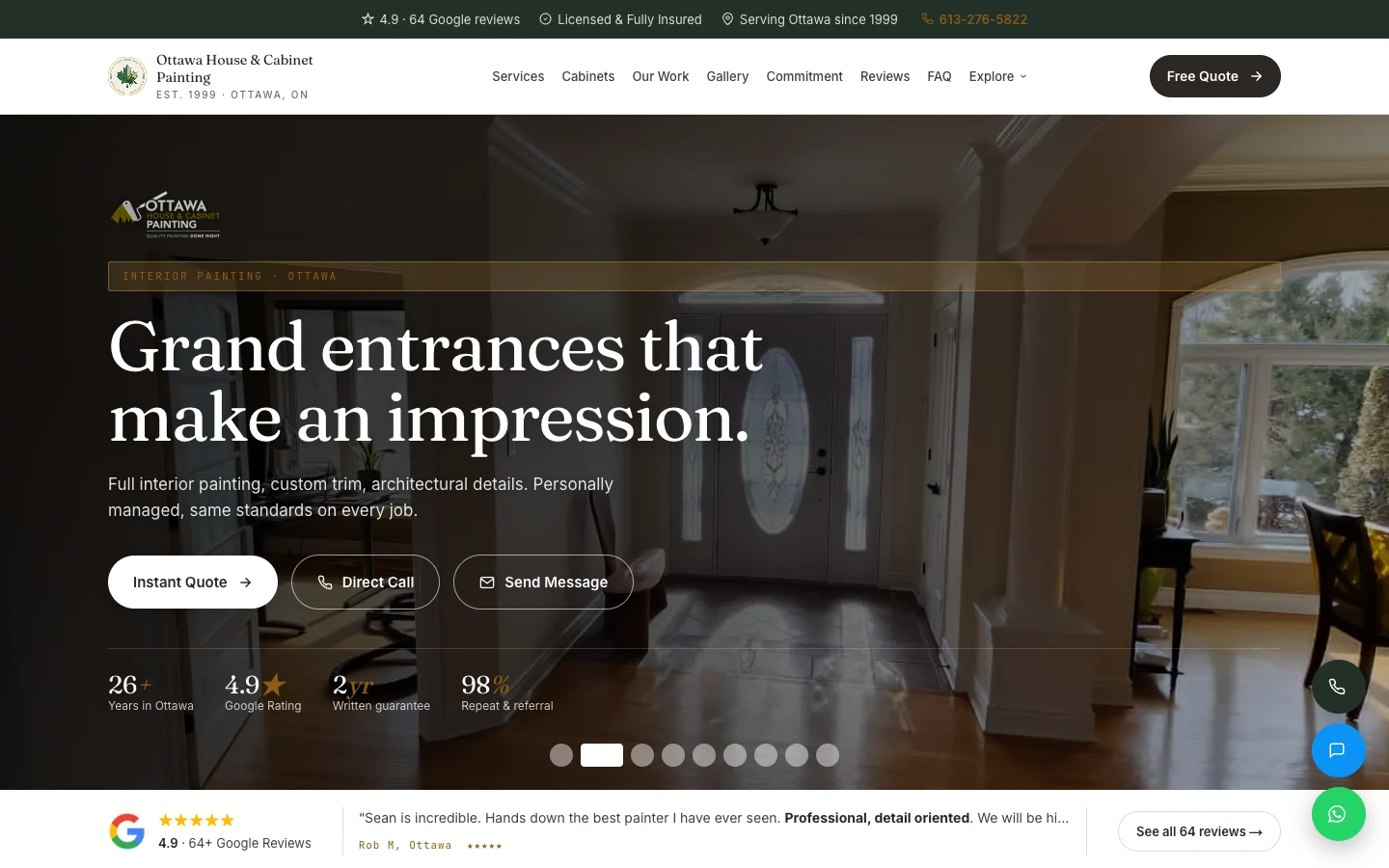 Screenshot of the Ottawa House & Cabinet Painting website, built by Shinobi Media